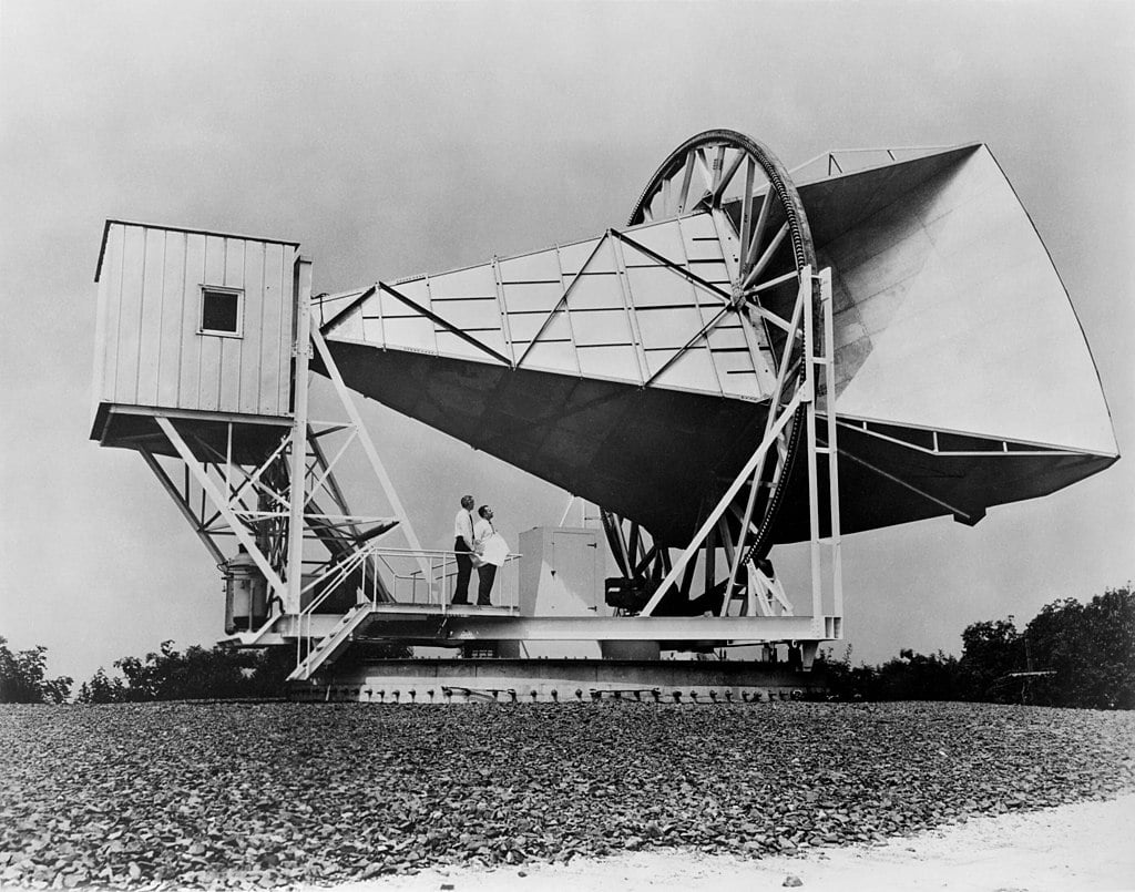 The 15 meter Holmdel horn antenna at Bell Telephone Laboratories in Holmdel, New Jersey was built in 1959 for pioneering work in communication satellites for the NASA ECHO I.