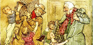 Ebenezer Scrooge with the Cratchit family after his change of heart.