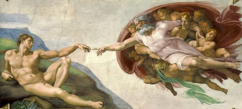 A cropped section of the Sistine Chapel depicting 'The Creation of Adam'