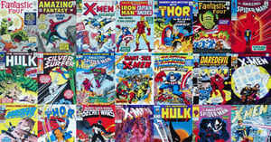 A montage of Marvel comic book covers.