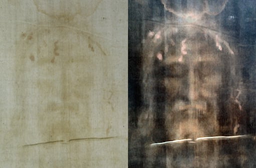 The Shroud of Turin is on the left and The processed image at the right is the product of the application of digital filters.