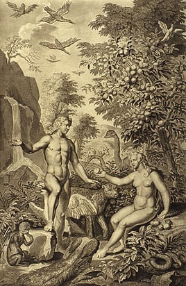 Eve gives the fruit of the Tree of Knowledge of which she had eat to her Husband