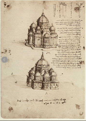 Da Vinci’s architectural sketches for a domed church that was never completed.