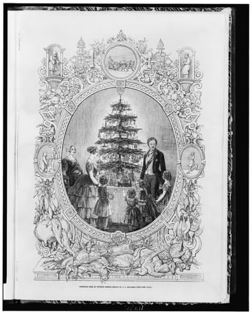 Christmas Tree at Windsor Castle, drawn by J. L. Williams. Illustration for The Illustrated London News, Christmas Number 1848.