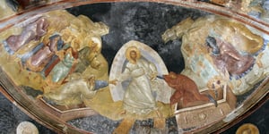 Ceiling Mosaic - Christus helios, the mosaic of Sol in Mausoleum M, which is interpreted as Christ-Sol (Christ as the Sun).
