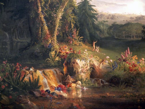 An oil on canvas painting of the Garden of Eden