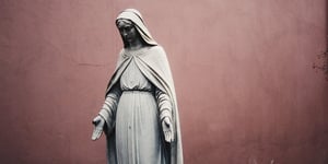 A statue of Mother Mary in front of a pink background.