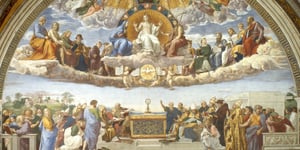 The Disputation of the Holy Sacrament (Raphael 1509-1510) depicts theologians debating, with Pope Gregory I and Jerome on the left, and Augustine and Ambrose on the right, Pope Julius II, Pope Sixtus IV, Savonarola and Dante Alighieri.