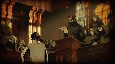 Bruno before a committee of orc-like church officials, from “Cosmos”.  The guy in the red hat is probably supposed to be St. Robert Bellarmine.