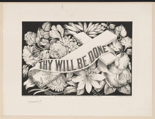 drawing of thy will be done on a cross surrounded by roses