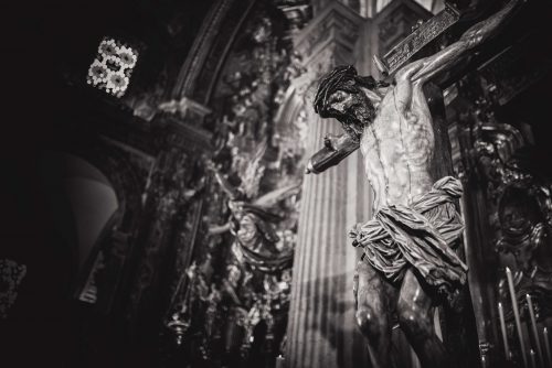 greyscale, crucifix in baroque church