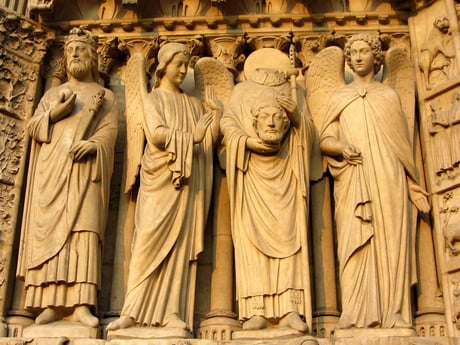 A depiction of medieval Notre Dame statues.