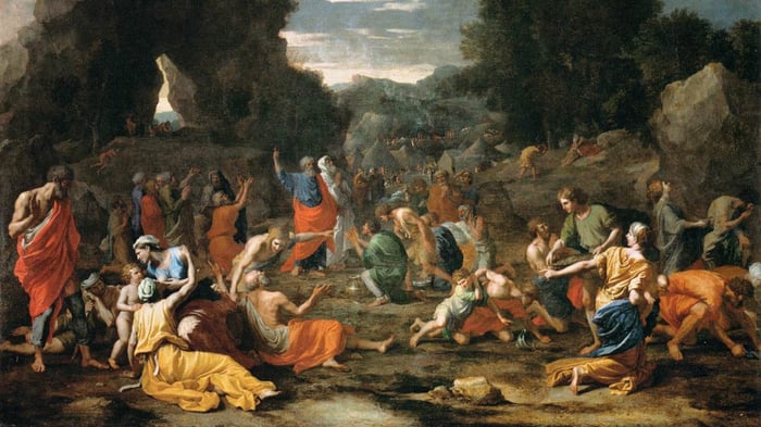 painting of Israelites collecting manna in the desert