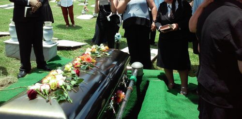 Casket viewing at a funeral in a cemetery. 