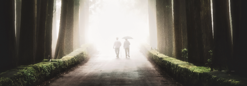 Two men walking into the light.