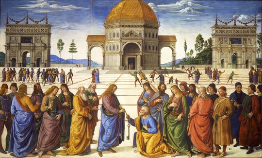 The scene in which Jesus says he will give "the keys of the kingdom of heaven" to Saint Peter. 